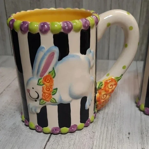 Essentials by Home Set of  2 Easter Floral Rabbit Large Coffee Mugs Whimsical - Picture 5 of 6